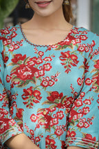 Kaajh Women's Turquoise Floral Printed Cotton Ethnic Dress | Grocsy
