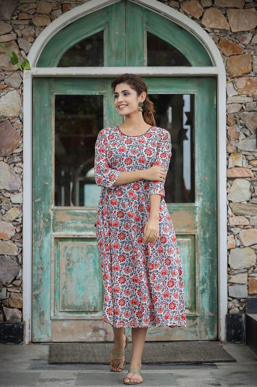 Kaajh Women's White Blue Floral Printed Cotton Ethnic Dress | Grocsy