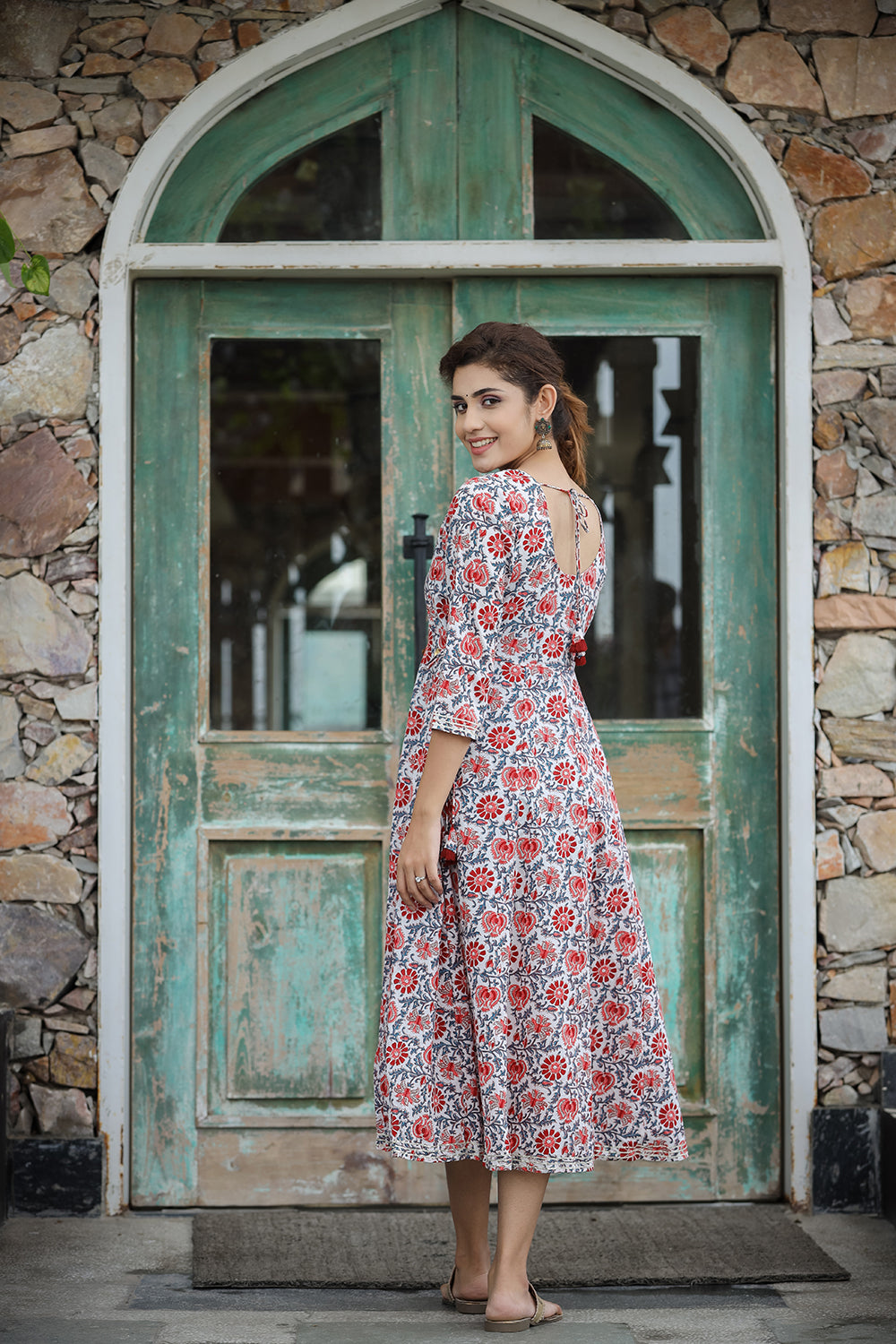 Kaajh Women's White Blue Floral Printed Cotton Ethnic Dress | Grocsy
