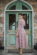 Kaajh Women's White Blue Floral Printed Cotton Ethnic Dress | Grocsy