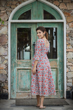 Kaajh Women's White Blue Floral Printed Cotton Ethnic Dress | Grocsy