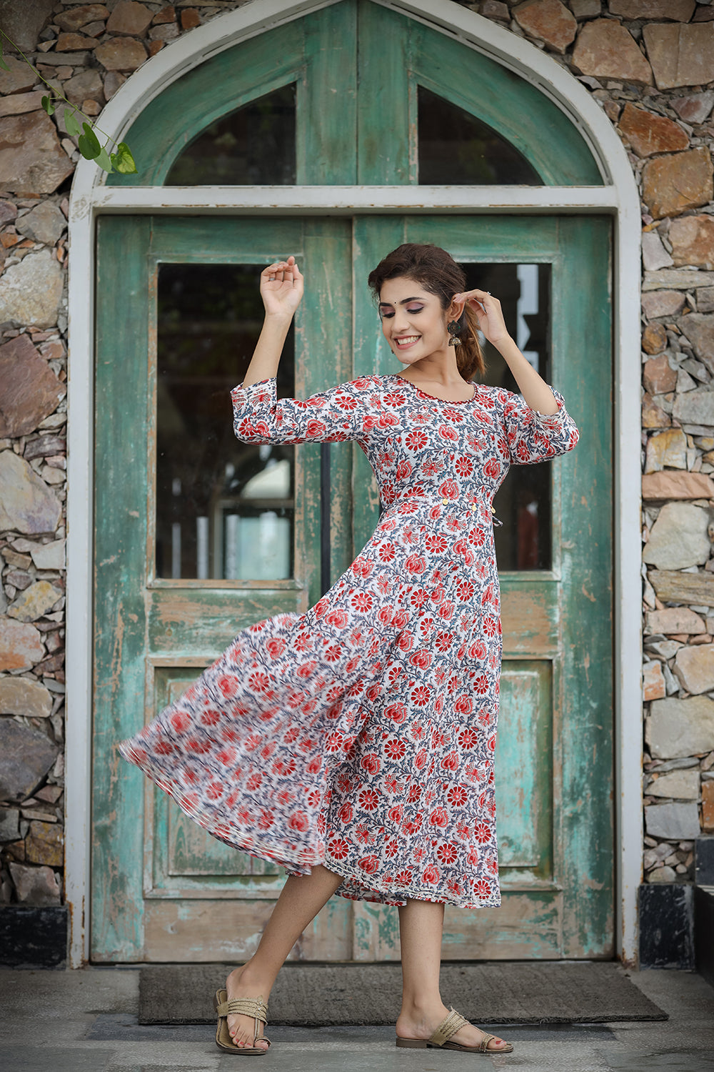 Kaajh Women's White Blue Floral Printed Cotton Ethnic Dress | Grocsy