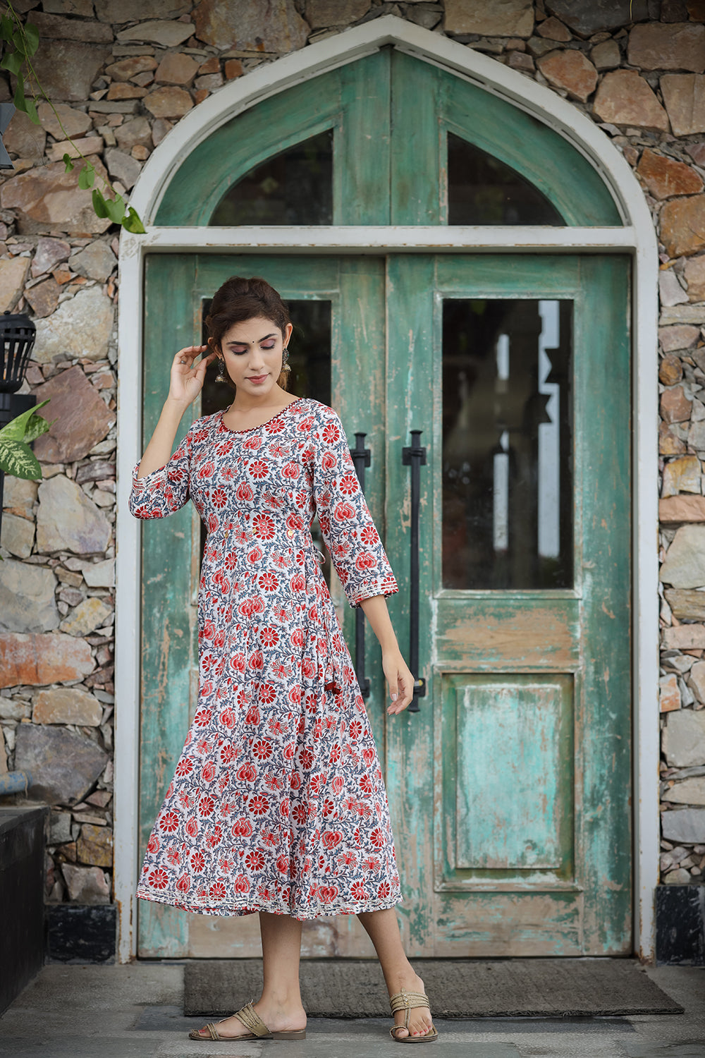 Kaajh Women's White Blue Floral Printed Cotton Ethnic Dress | Grocsy