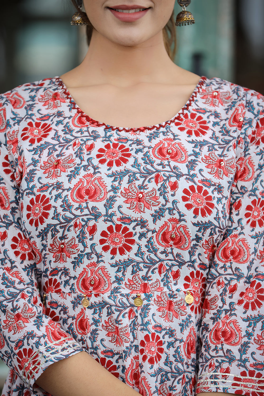 Kaajh Women's White Blue Floral Printed Cotton Ethnic Dress | Grocsy