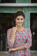 Kaajh Women's White Blue Floral Printed Cotton Ethnic Dress | Grocsy