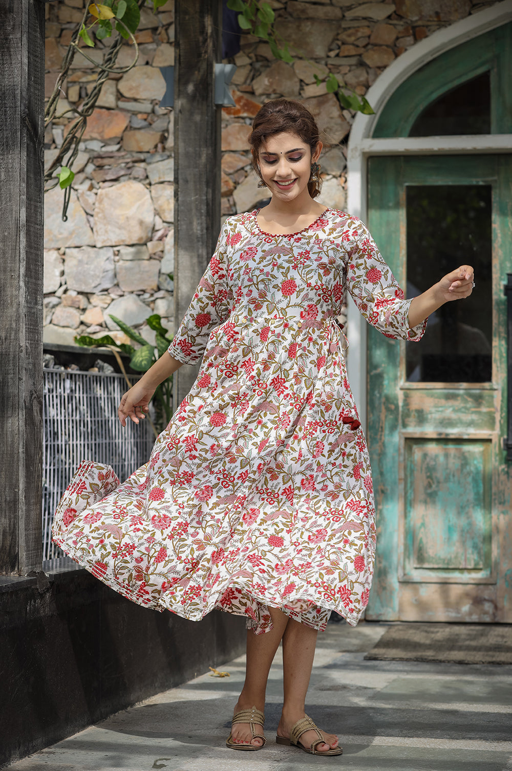 Kaajh Women's White Red Floral Printed Cotton Ethnic Dress | Grocsy
