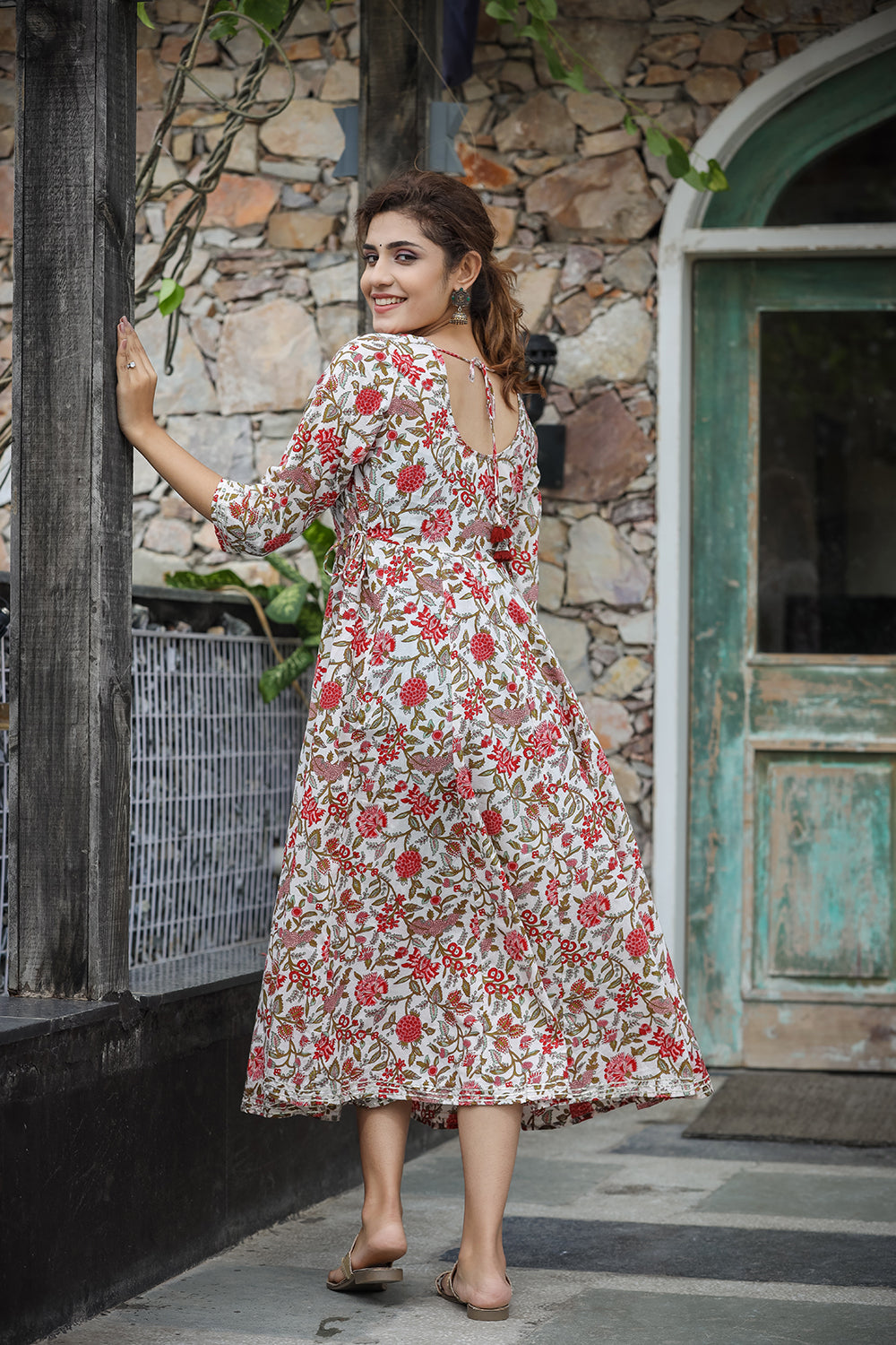 Kaajh Women's White Red Floral Printed Cotton Ethnic Dress | Grocsy
