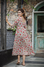 Kaajh Women's White Red Floral Printed Cotton Ethnic Dress | Grocsy