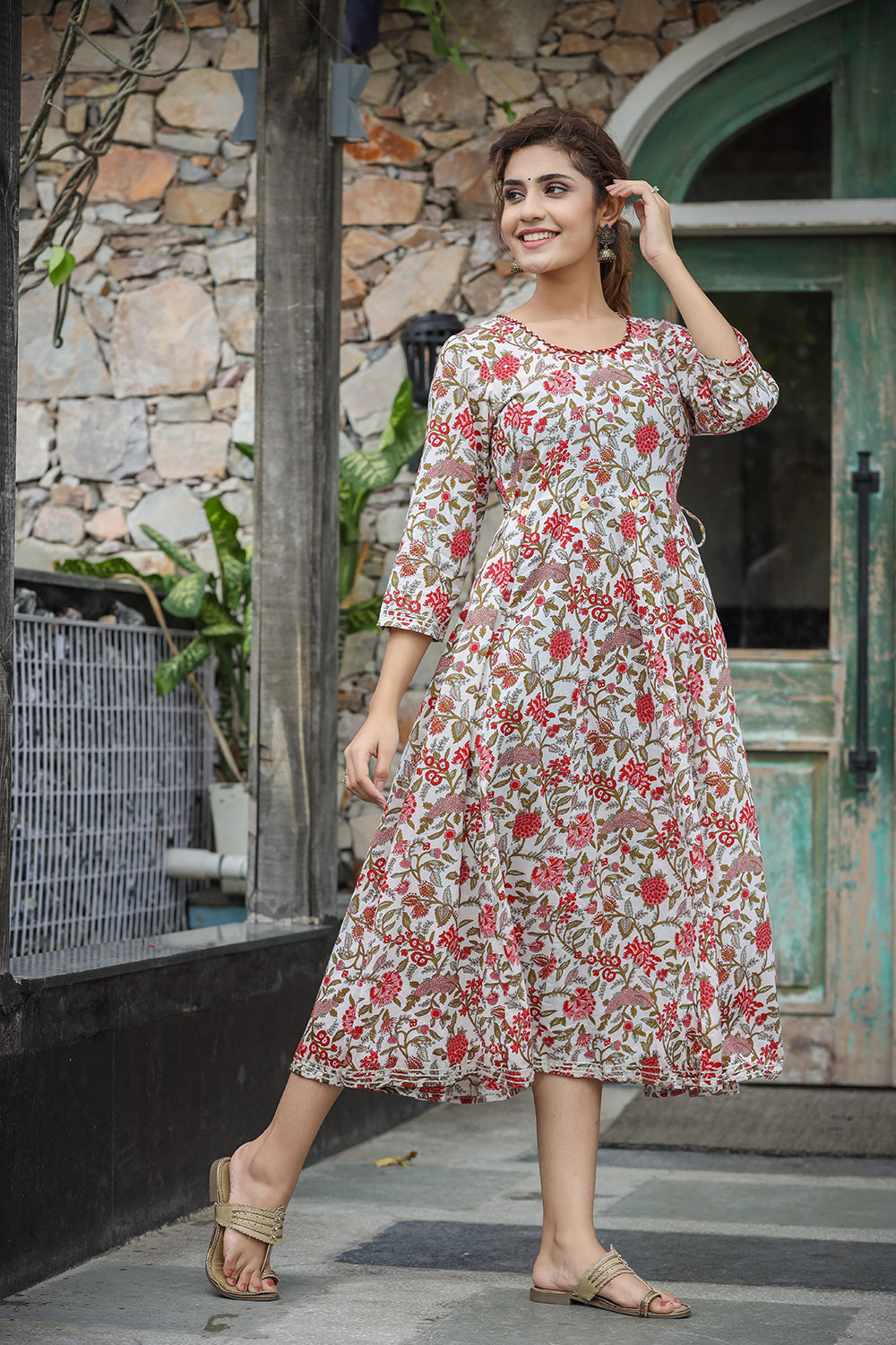 Kaajh Women's White Red Floral Printed Cotton Ethnic Dress | Grocsy