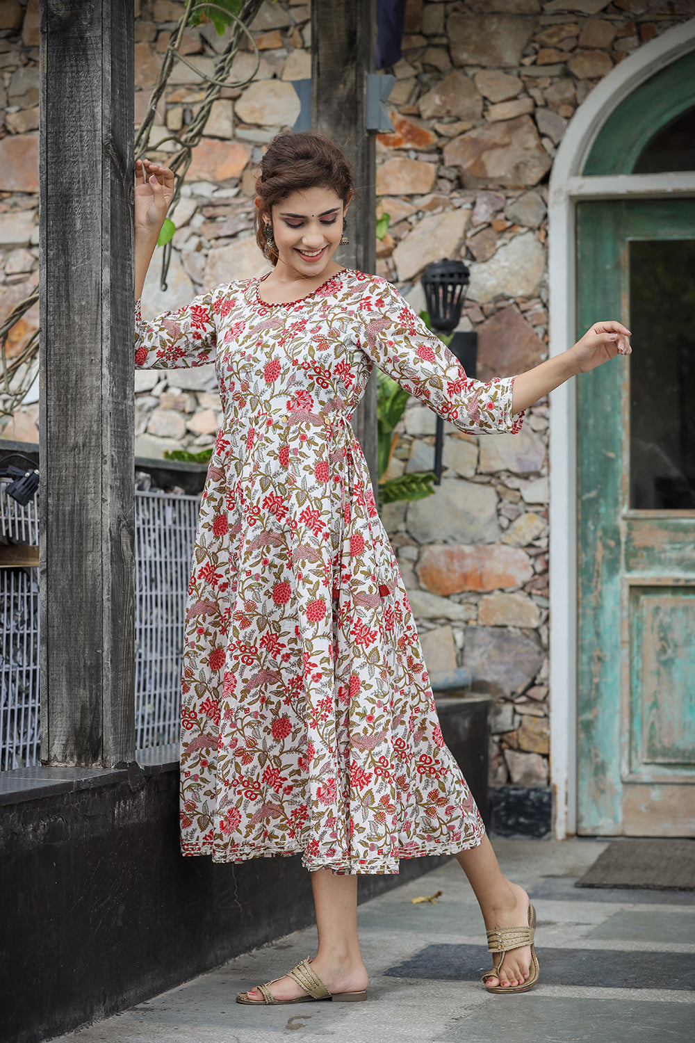 Kaajh Women's White Red Floral Printed Cotton Ethnic Dress | Grocsy