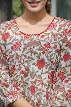 Kaajh Women's White Red Floral Printed Cotton Ethnic Dress | Grocsy