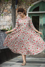 Kaajh Women's White Red Floral Printed Cotton Ethnic Dress | Grocsy