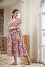 Kaajh Women's White Green Floral Printed Cotton Ethnic Dress | Grocsy