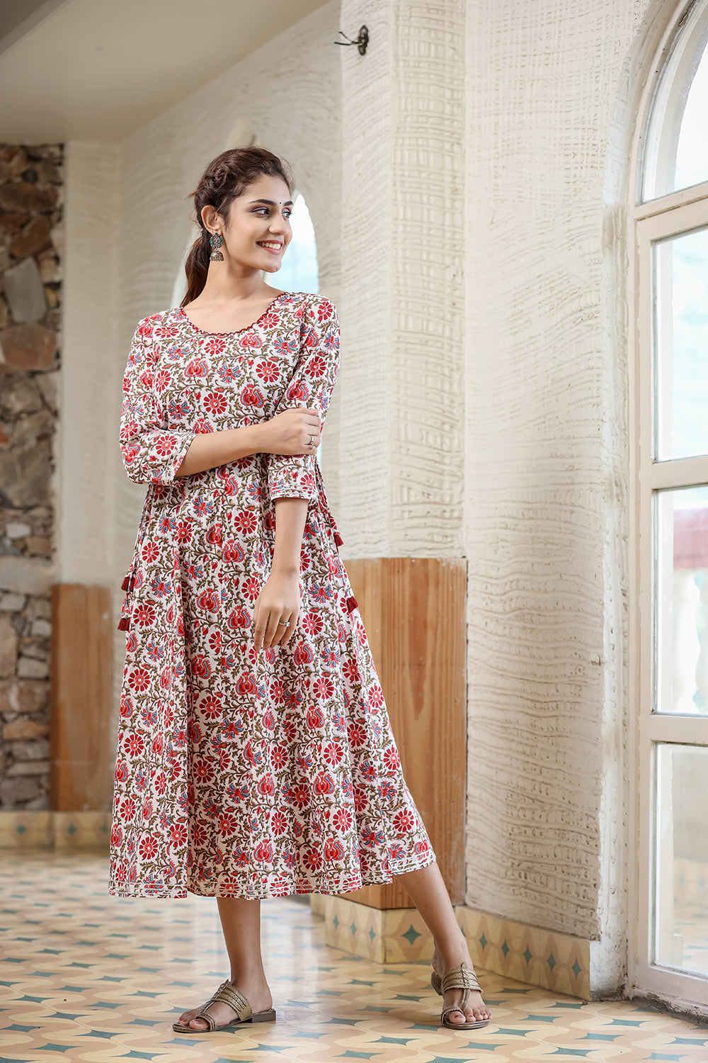 Kaajh Women's White Green Floral Printed Cotton Ethnic Dress | Grocsy