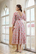 Kaajh Women's White Green Floral Printed Cotton Ethnic Dress | Grocsy