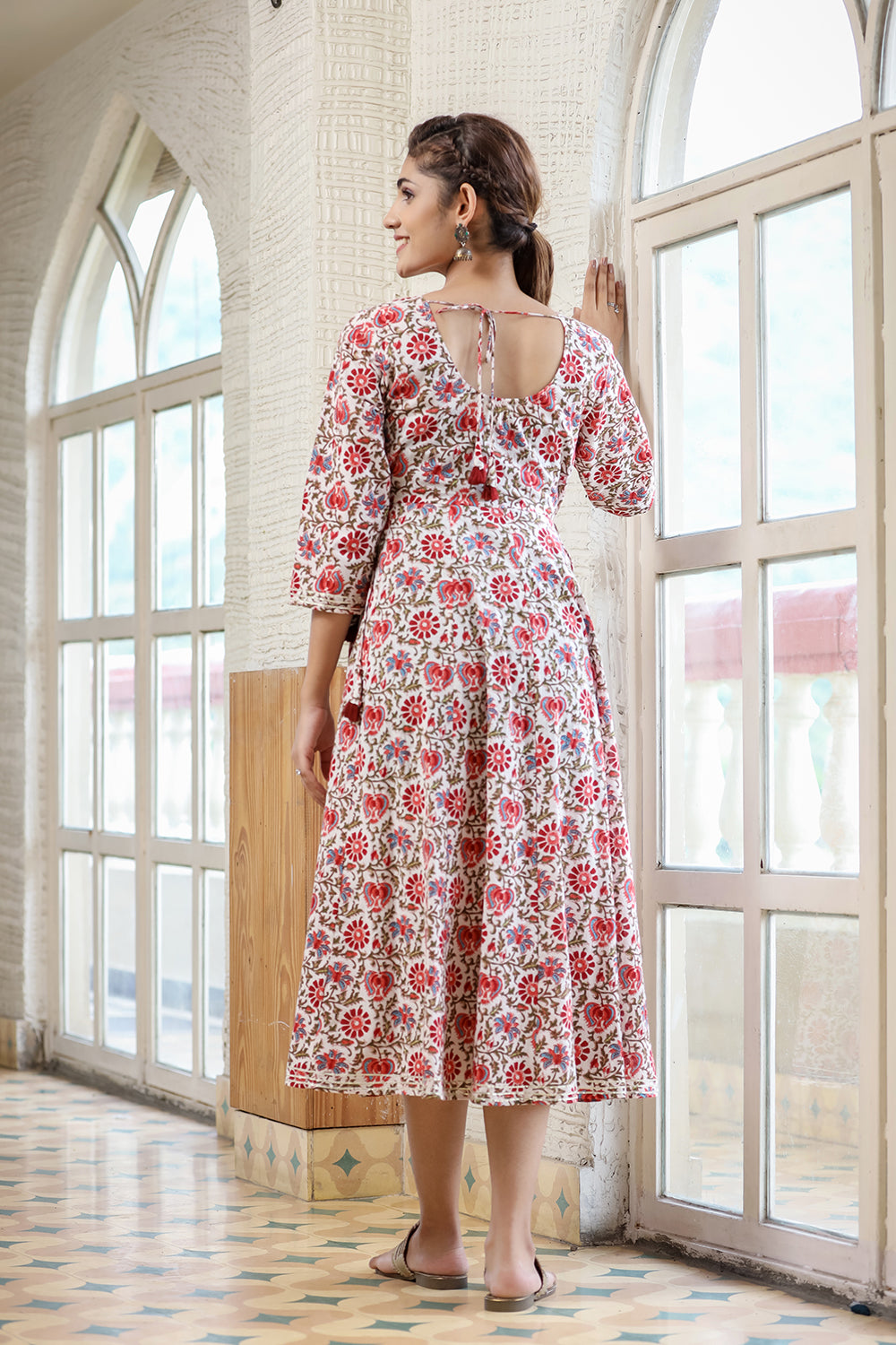 Kaajh Women's White Green Floral Printed Cotton Ethnic Dress | Grocsy