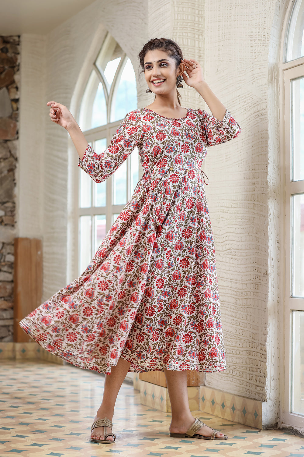 Kaajh Women's White Green Floral Printed Cotton Ethnic Dress | Grocsy