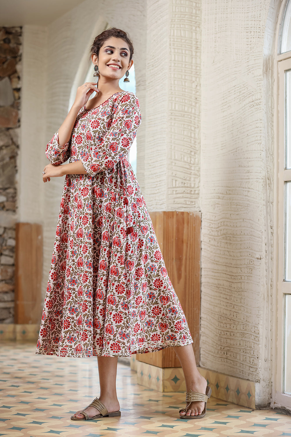 Kaajh Women's White Green Floral Printed Cotton Ethnic Dress | Grocsy