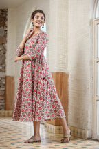Kaajh Women's White Green Floral Printed Cotton Ethnic Dress | Grocsy