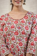 Kaajh Women's White Green Floral Printed Cotton Ethnic Dress | Grocsy