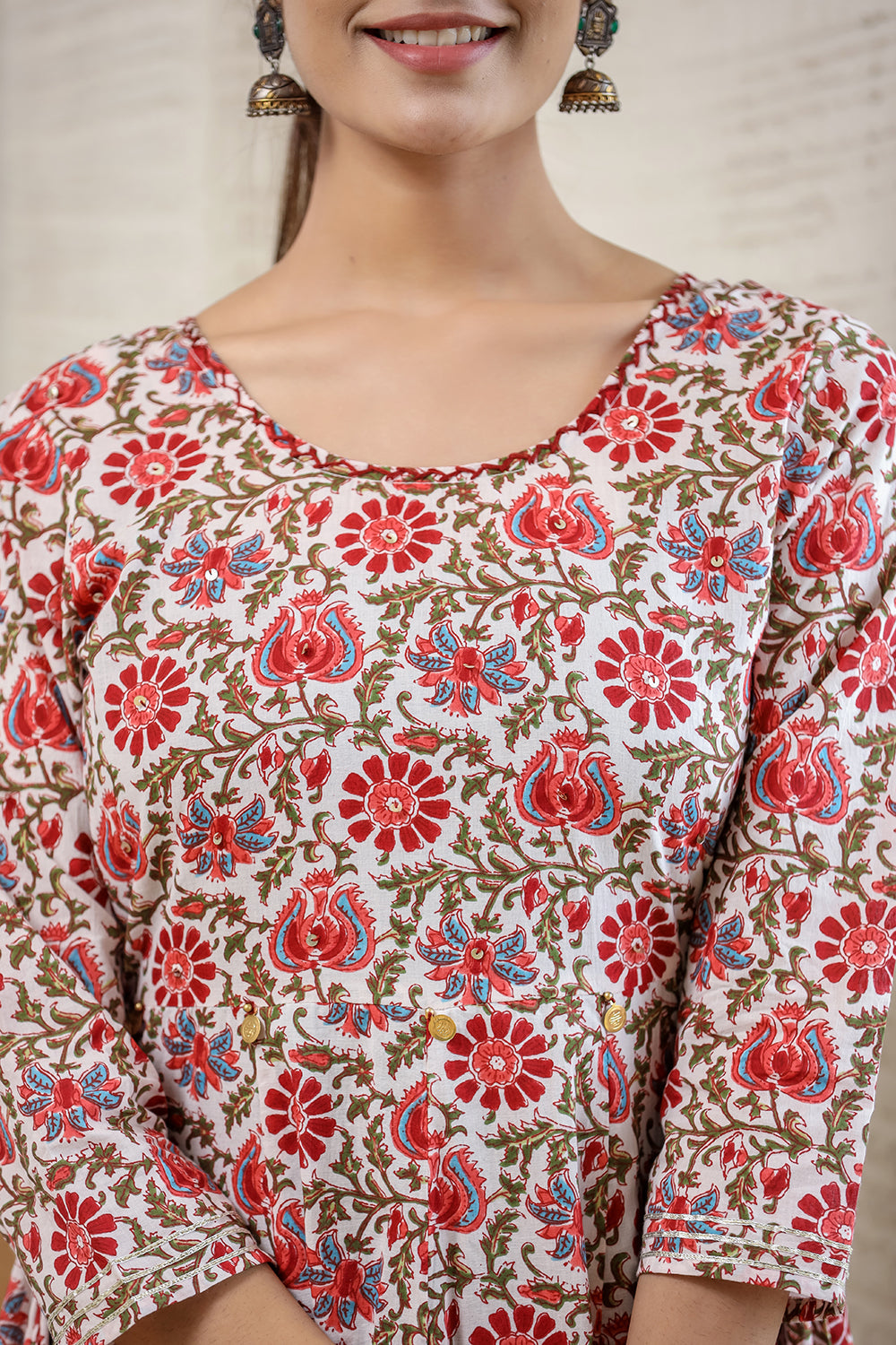 Kaajh Women's White Green Floral Printed Cotton Ethnic Dress | Grocsy