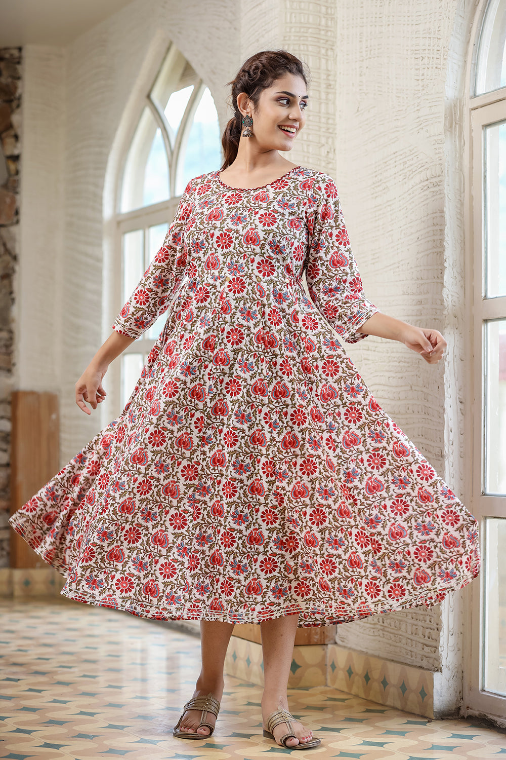 Kaajh Women's White Green Floral Printed Cotton Ethnic Dress | Grocsy