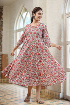 Kaajh Women's White Green Floral Printed Cotton Ethnic Dress | Grocsy