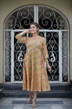 Kaajh Women's Yellow Floral Printed Cotton Ethnic Dress | Grocsy