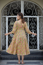 Kaajh Women's Yellow Floral Printed Cotton Ethnic Dress | Grocsy