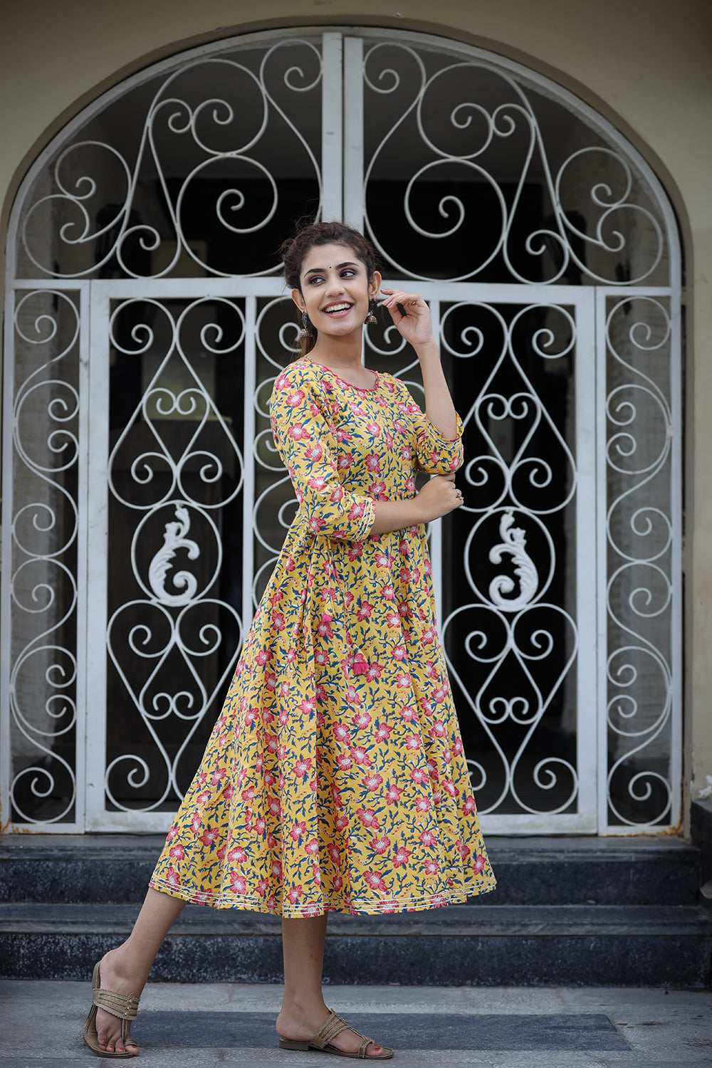 Kaajh Women's Yellow Floral Printed Cotton Ethnic Dress | Grocsy