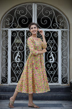 Kaajh Women's Yellow Floral Printed Cotton Ethnic Dress | Grocsy