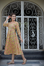 Kaajh Women's Yellow Floral Printed Cotton Ethnic Dress | Grocsy