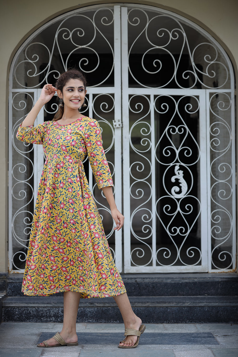 Kaajh Women's Yellow Floral Printed Cotton Ethnic Dress | Grocsy