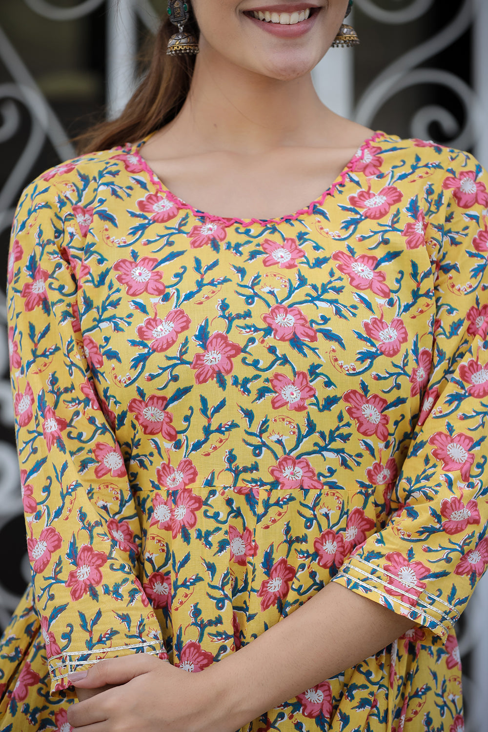 Kaajh Women's Yellow Floral Printed Cotton Ethnic Dress | Grocsy