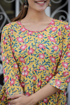 Kaajh Women's Yellow Floral Printed Cotton Ethnic Dress | Grocsy