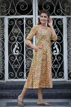 Kaajh Women's Yellow Floral Printed Cotton Ethnic Dress | Grocsy