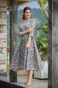 Kaajh Women's Green Pink Floral Printed Cotton Ethnic Dress | Grocsy