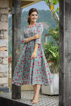Kaajh Women's Green Pink Floral Printed Cotton Ethnic Dress | Grocsy