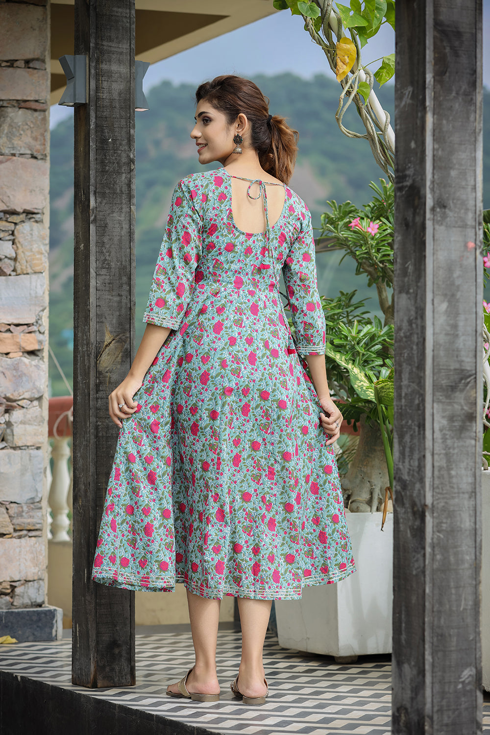 Kaajh Women's Green Pink Floral Printed Cotton Ethnic Dress | Grocsy