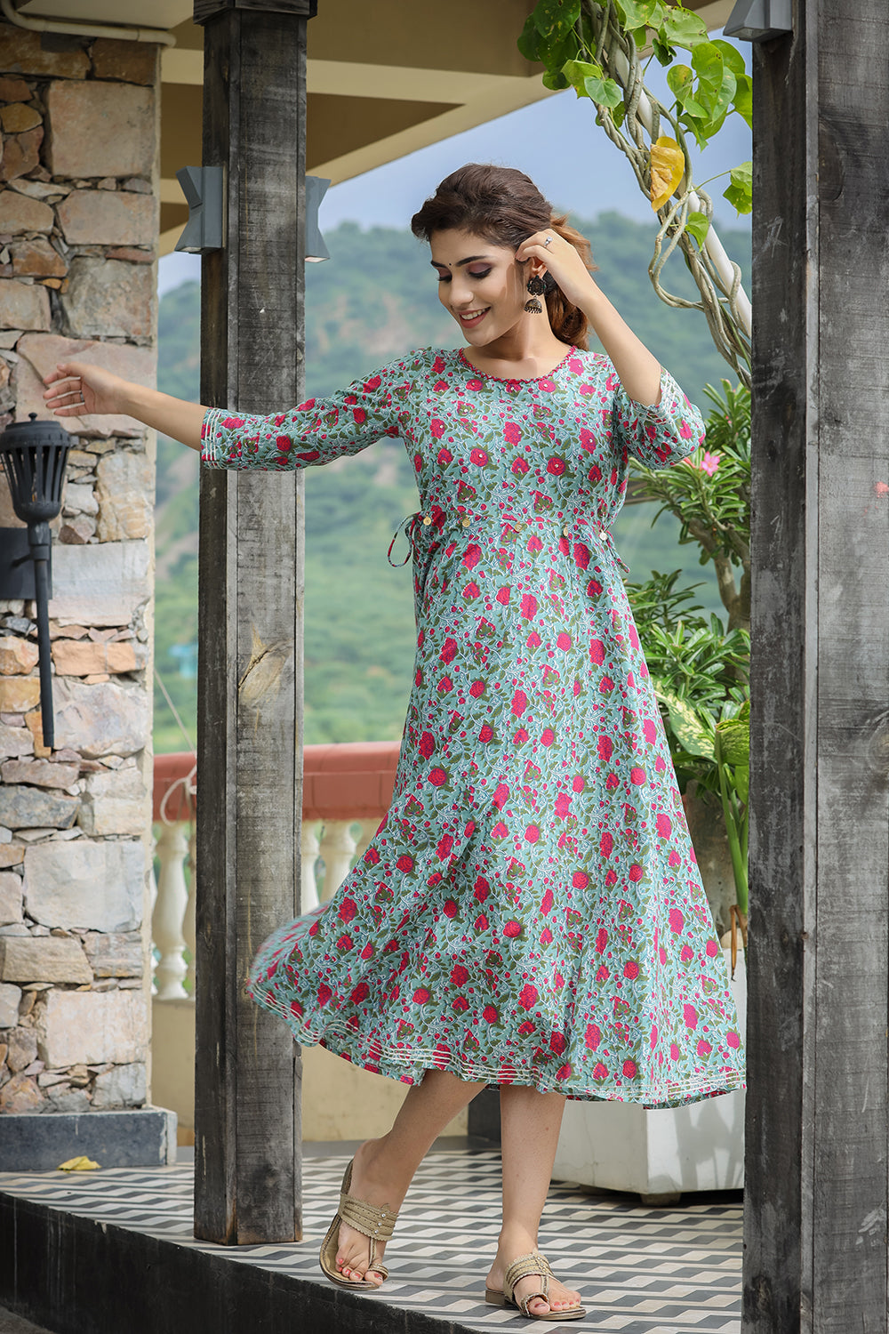 Kaajh Women's Green Pink Floral Printed Cotton Ethnic Dress | Grocsy
