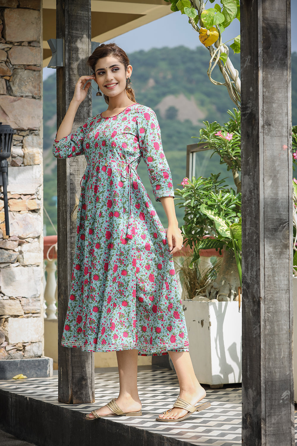 Kaajh Women's Green Pink Floral Printed Cotton Ethnic Dress | Grocsy