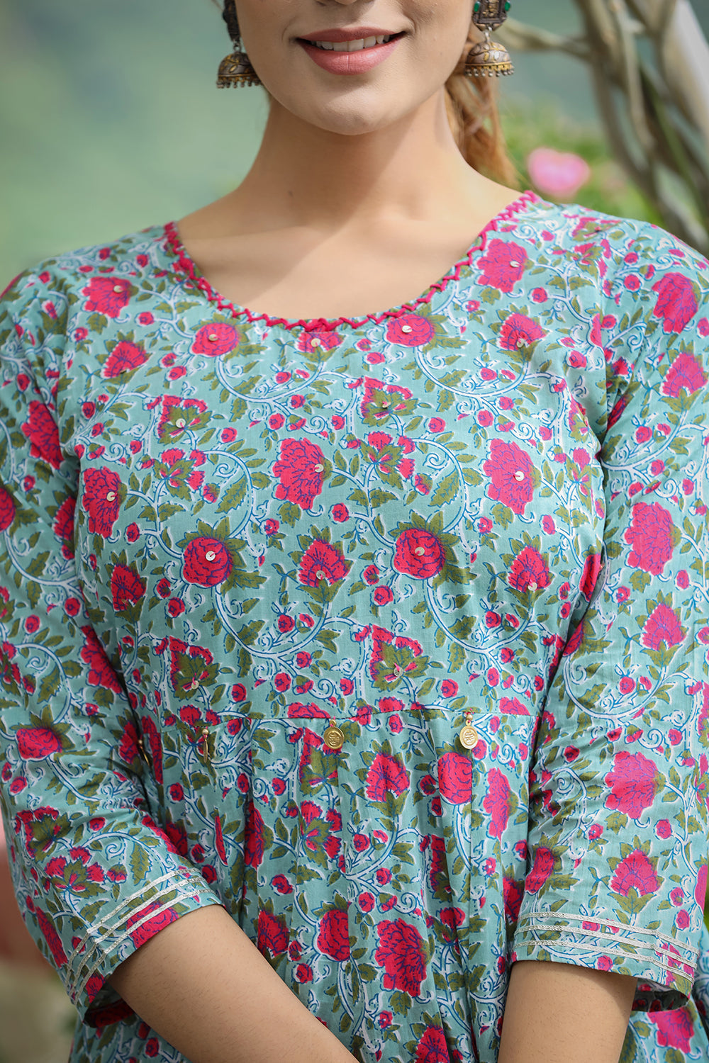 Kaajh Women's Green Pink Floral Printed Cotton Ethnic Dress | Grocsy