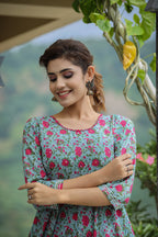 Kaajh Women's Green Pink Floral Printed Cotton Ethnic Dress | Grocsy
