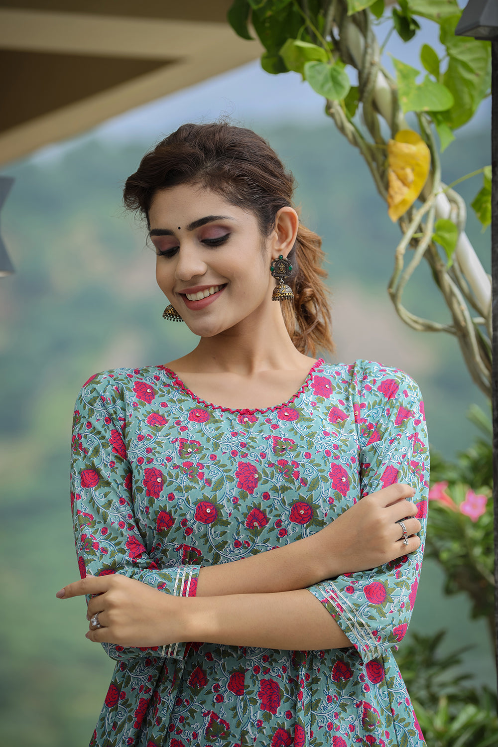 Kaajh Women's Green Pink Floral Printed Cotton Ethnic Dress | Grocsy