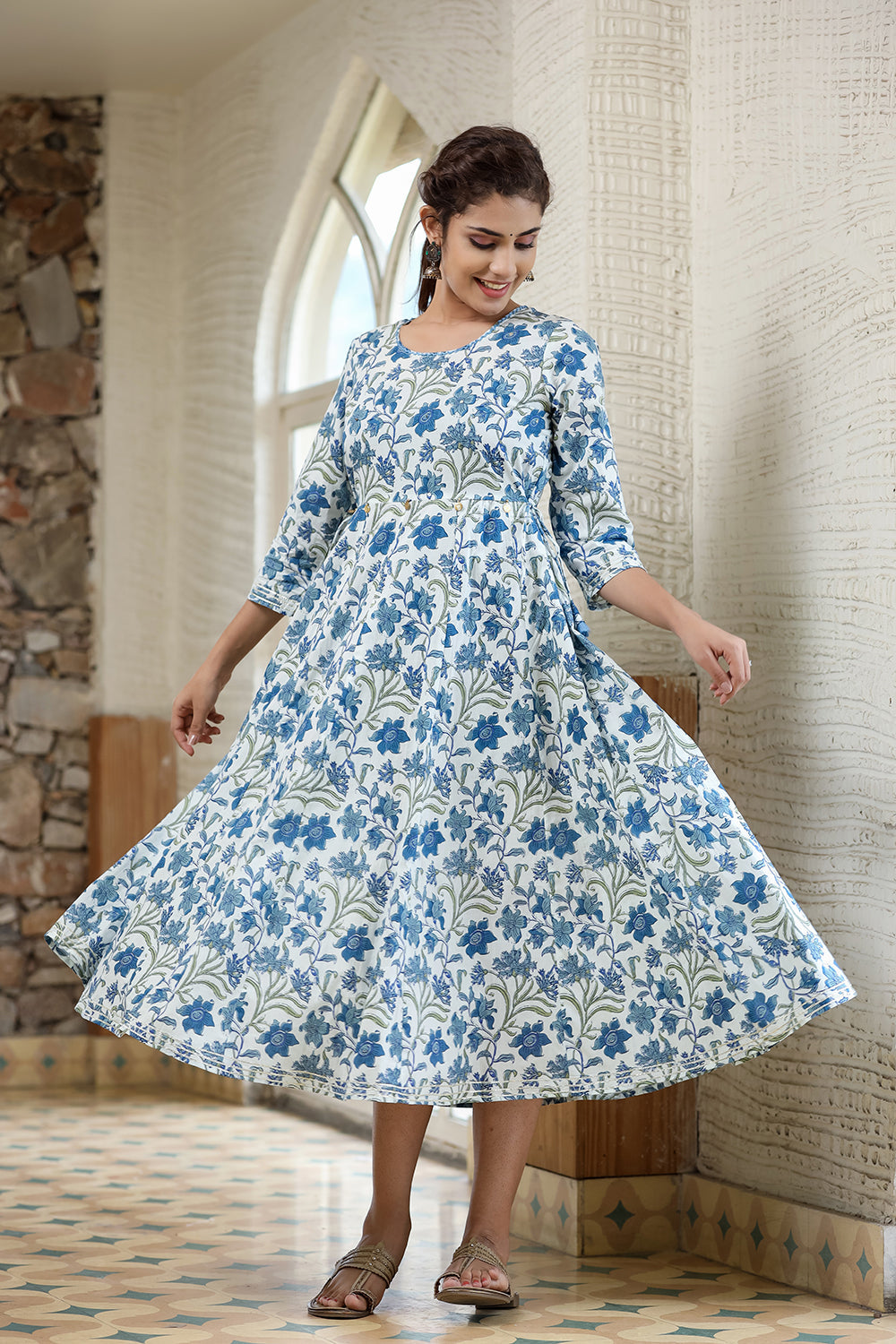 Kaajh Women's Blue Green Floral Printed Cotton Ethnic Dress | Grocsy