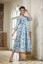 Kaajh Women's Blue Green Floral Printed Cotton Ethnic Dress | Grocsy