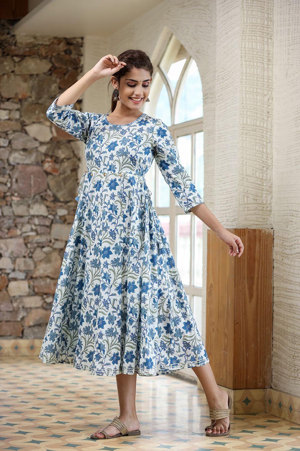 Kaajh Women's Blue Green Floral Printed Cotton Ethnic Dress | Grocsy