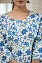 Kaajh Women's Blue Green Floral Printed Cotton Ethnic Dress | Grocsy