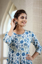 Kaajh Women's Blue Green Floral Printed Cotton Ethnic Dress | Grocsy