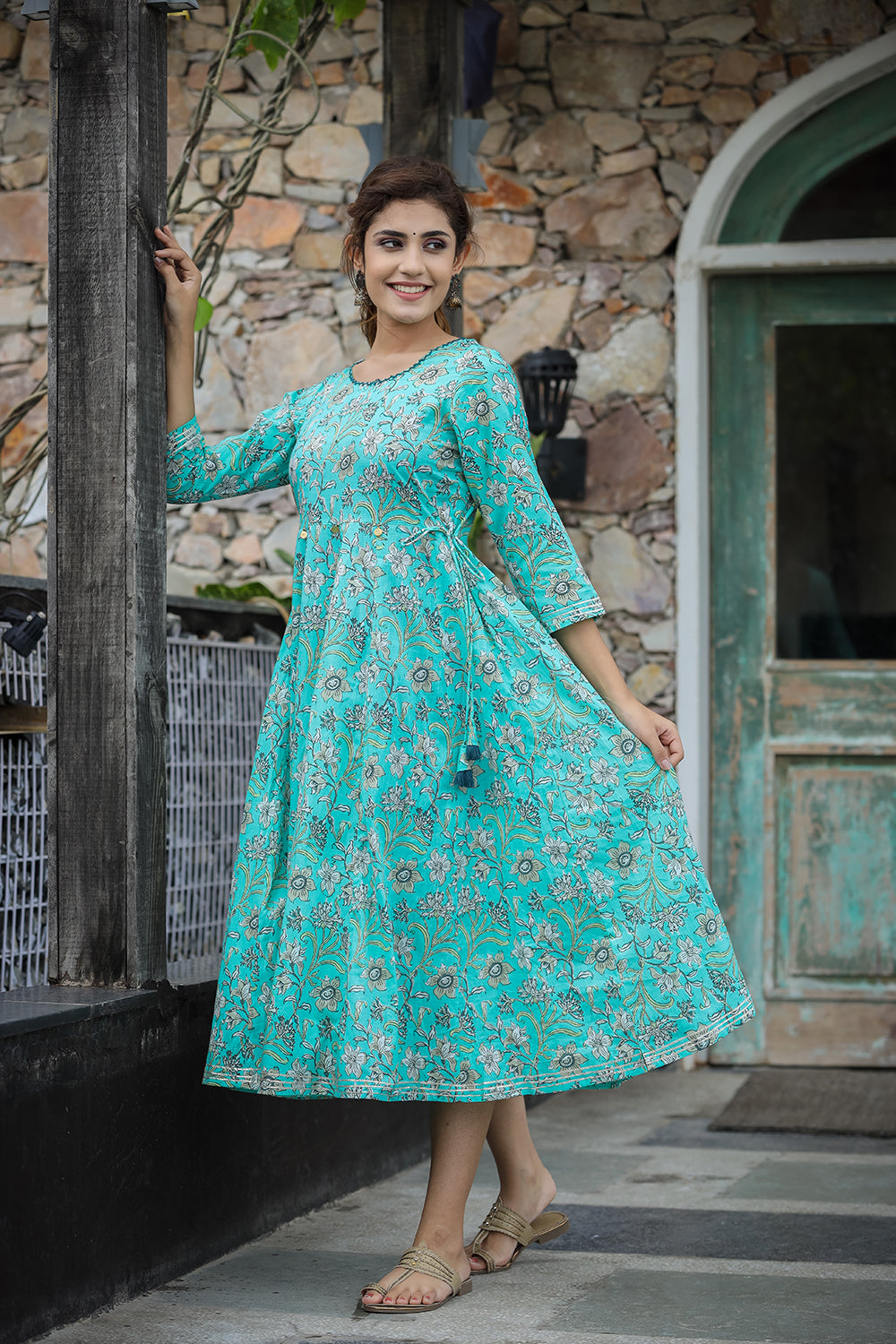 Kaajh Women's Sea Green Floral Printed Cotton Ethnic Dress | Grocsy